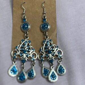 New Elegant Silver and Blue Chandelier Earrings